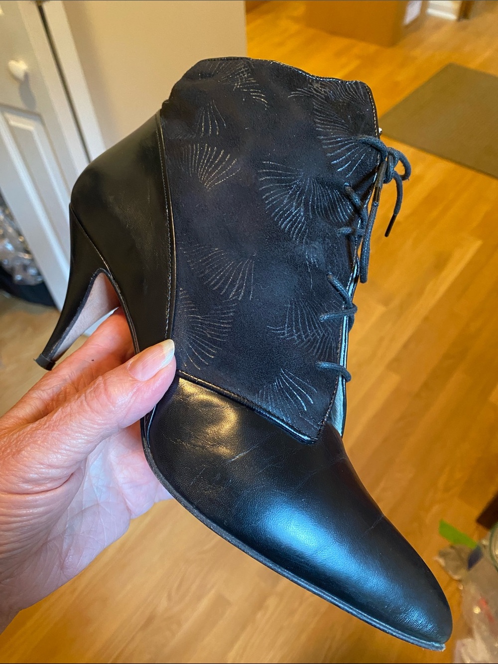 Via Spiga Black Lace-Up Ankle Bootie with Subtle Pattern
